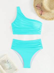 Swim Basics Women's Solid Color Ruched Bikini Set For Beach Vacation For Summer - Baby Blue - View 6