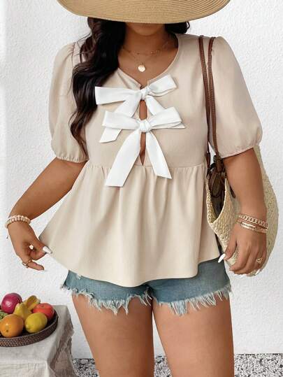 SHEIN Frenchy Plus Size Solid Color Short Sleeve Bowknot Shirt, Minimalist And Fashionable, Suitable For Summer