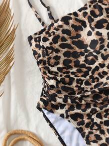 SHEIN Tween Girls' Waist Ruched Leopard Print One-Piece Swimsuit - Brown - View 4