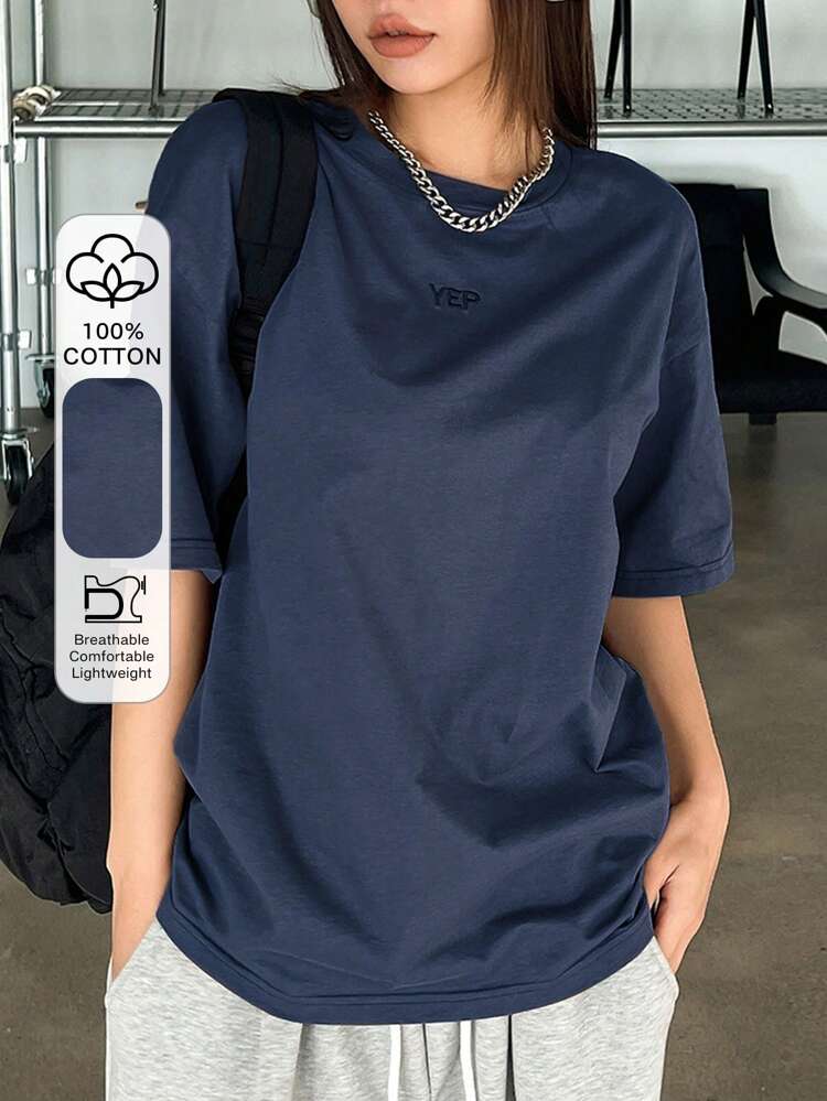 Loose Fit Drop Shoulder Short Sleeve T-Shirt With Alphabet Embroidery Oversized T-Shirt