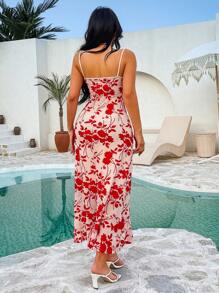 Livesso Summer New Arrived Ditsy Floral Slim Fit Spaghetti Strap Dress For Women,Ruffle Cruise Outfit For Women Boho Vacation Outfits Women - Red - View 2