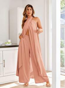 KURAYIA Plus Size Open Shoulder Top And Wide Leg Pants 2 Pieces Set, Spring Break