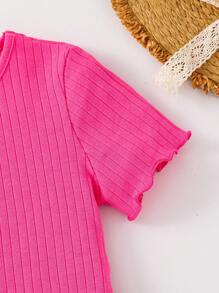 SHEIN Leap Crew 2pcs Young Girl Casual Vacation Solid Color Short Sleeve Top & Allover Print Shorts Set - Hot Pink - View 4