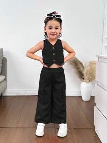 Young Girls's Casual Spring/Summer Plain Woven Sleeveless Vest And Pants Set - Black - View 3