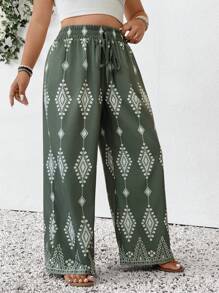SHEIN Frenchy Plus Size Women Casual Bohemian Style Pants, For Summer Vacation