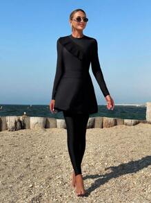 Swim Mulvari Summer 3-Piece Set For Women, Includes: Round Neck Long Sleeve Zipper Back Mesh Panel Ruffle Waist Jumpsuit + Pants + Skirt, Black, Casual Vacation