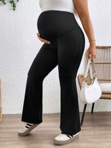 SHEIN 孕妇休闲可调节腰部纯色喇叭裤