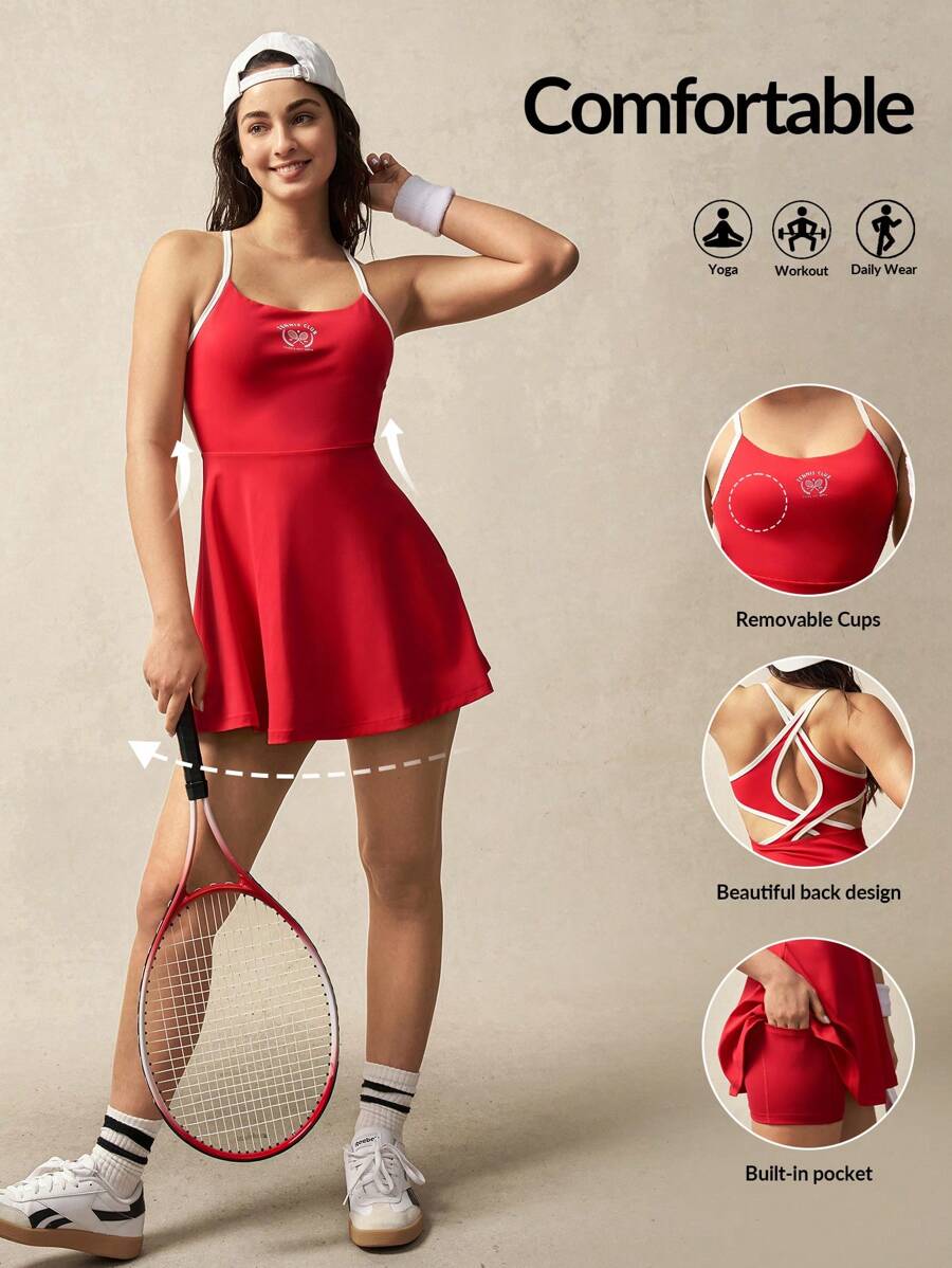 VARSIVA 女式字母印花细肩带休闲健身运动连衣裙 - 紅色 - 查看 1