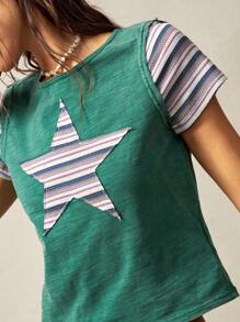 Bohemela BOHO Fitted Women's T-Shirt With Solid Color Knit Round Neck, Patchwork Star Print, Short Sleeve, Rustic Style