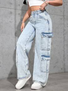 SHEIN EZwear Pantalones vaqueros rectos de color liso y bolsillos múltiples de uso casual