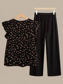 Linhara 女式大码 V 领盖袖碎花衬衫 + 纯色系腰阔腿裤 2 件套 - 黑色 - 查看 2