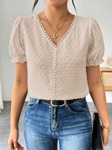Elenzga Women's French Solid Color Swiss Dot Ruffle Detail V-Neck Puff Sleeve Blouse - Apricot - View 7