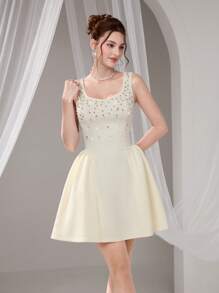 Poshira Abito da sera lungo e ampio in tulle con cristalli incrostati, senza maniche, da donna, taglia comoda, abito elegante da laurea o da cerimonia, abito da donna bianco morbido, regalo di laurea, abito da festa, abito da ballo