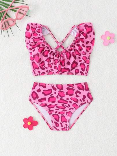 2pcs Baby Girls Cute Leopard Print Ruffle Trim Swimsuit Sets, Baby Girl Beach Wear, Bathing Suits For Baby Girl