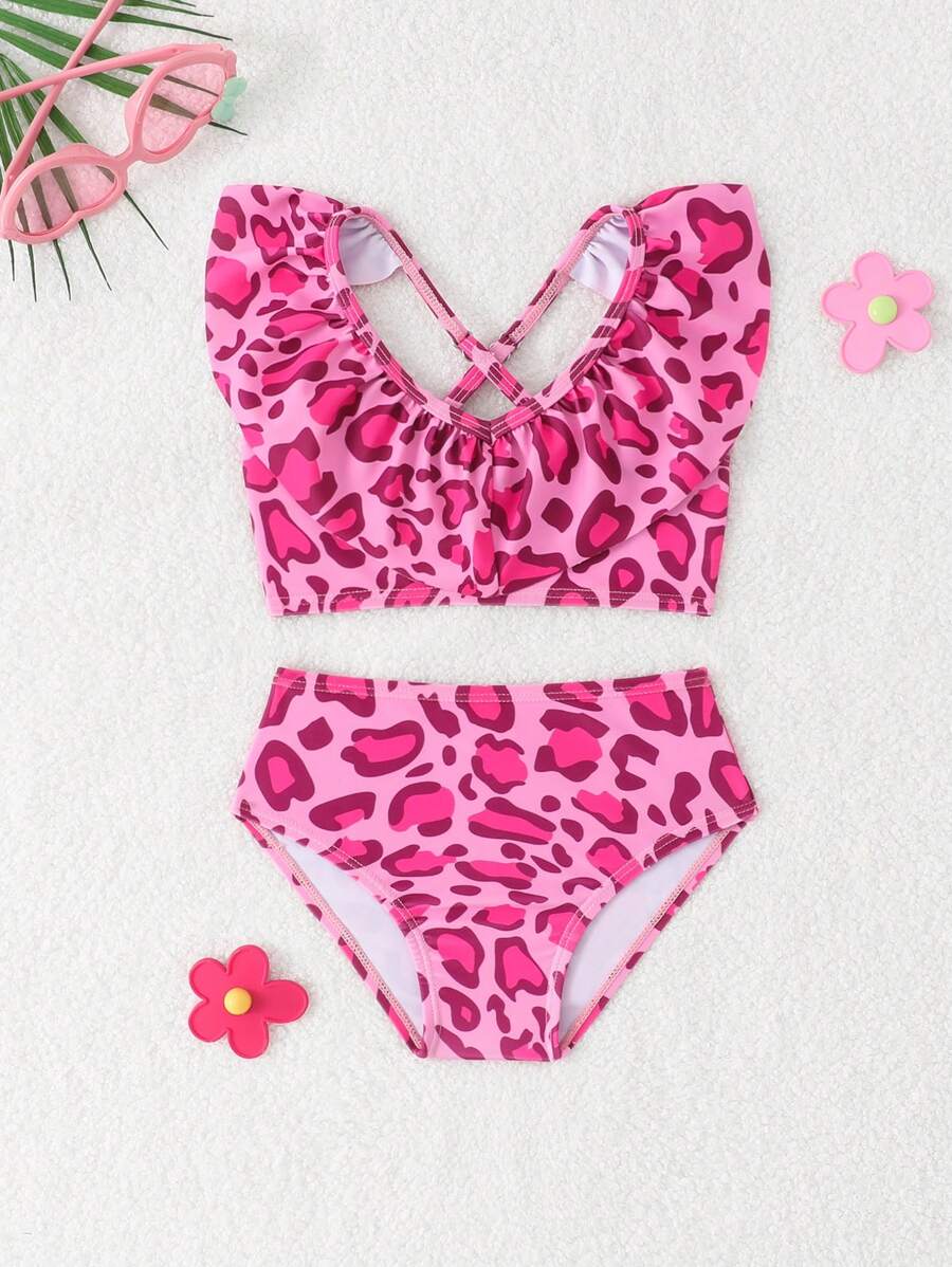 2pcs Baby Girls Cute Leopard Print Ruffle Trim Swimsuit Sets, Baby Girl Beach Wear, Bathing Suits For Baby Girl - Multicolor - View 1