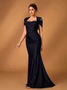 Serin Summer Elegant Romantic Gorgeous Black Sequin Embroidery Stitching Elastic Knitted Sweetheart Neck Twisted Shawl Sleeves Gathered Pleated Slim Fishtail Hem With A Small Train Suitable For Dinner Bachelorette Party Date Holiday Dance Music Festival Wedding Event Bride Mother Dress, Valentine's Day - Black - View 5