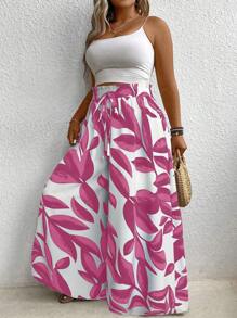Plus Size Women's Vacation Plant Print Drawstring Waist Wide Leg Pants Fall Cloth For Women - Pink - View 4