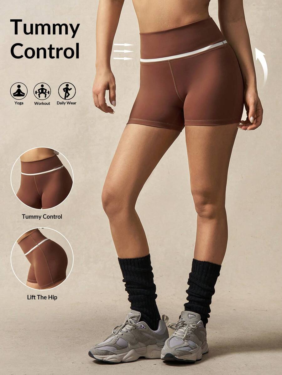 VARSIVA Leggings curtas justas de ioga com listras coloridas contrastantes e cintura alta - Castanho - Ver 1