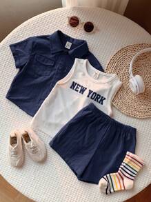 SHEIN 3pcs Baby/Toddler Girl/Boy Navy Blue & White Summer Collared Short Sleeve Cardigan, Elastic Waist Shorts, Letter Printed Sleeveless Vest, Versatile For Vacation, Casual, Sports - Navy Blue - View 5