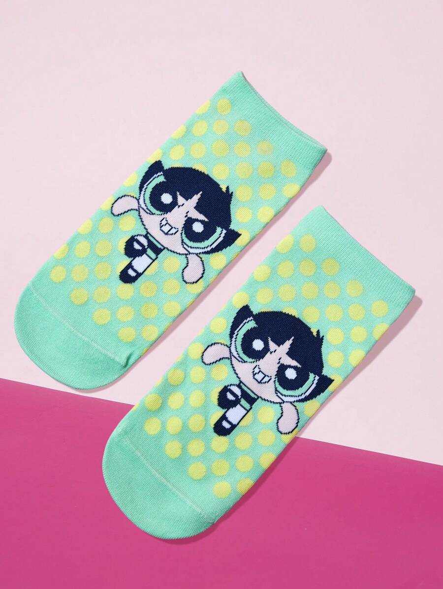 THE POWERPUFF GIRLS X SHEIN 1双女士舒适波尔卡圆点毛茛图案踝袜 - 彩色 - 查看 1