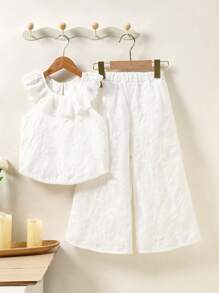 SHEIN Bộ đồ thường ngày ngọt ngào cho bé gái 4-7 tuổi, gồm 1 áo không tay thêu ren trắng có cổ nhún bèo và 1 quần ống rộng thêu cạp chun, thích hợp mặc hàng ngày, ngoài trời, giải trí - trắng - Xem 1