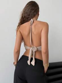 Aloruh 女士金属装饰低胸露背吊带背心 - 卡其色 - 查看 2