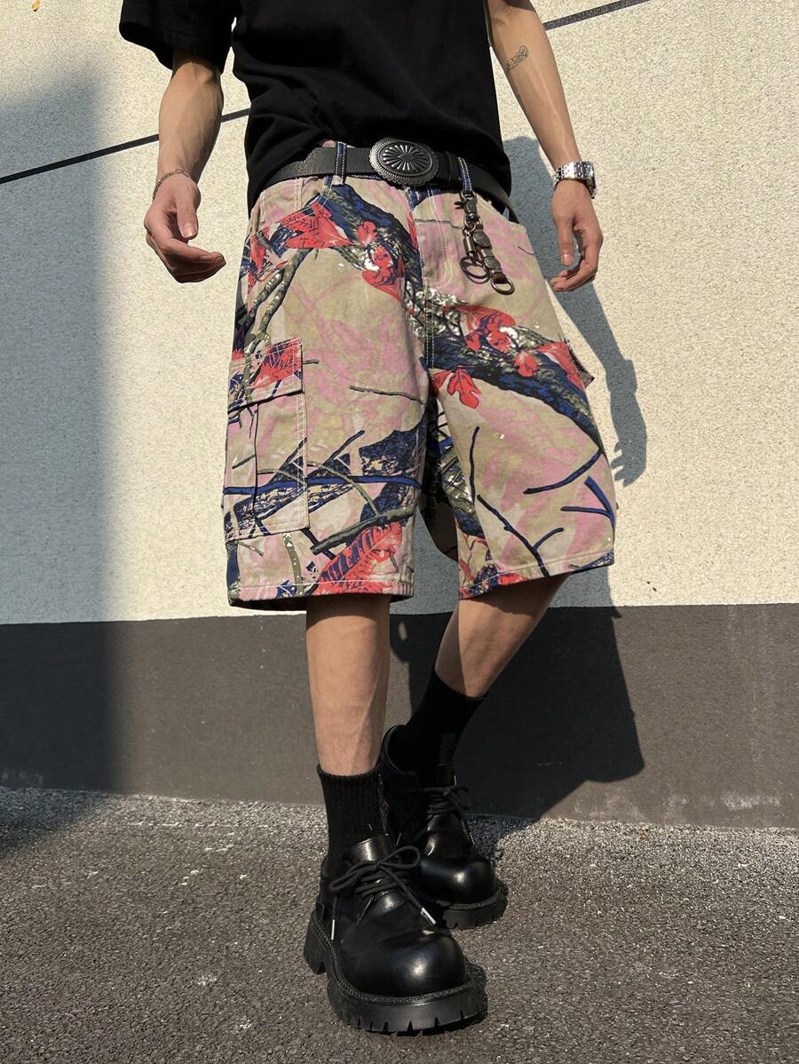 Manfinity Roghcode Men's Printed Denim Bermuda Shorts: Avant-Garde Street Casual Style With Zipper Details And A Bold Multicolor Design - Multicolor - View 1