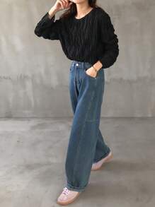 FRIFUL 女式白色宽松圆领衬衫，纹理面料休闲上衣长袖上衣 - 黑色 - 查看 2