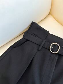 Franclia Women's A-Line Ruched Waist Loose Shorts With Belt - Black - View 6