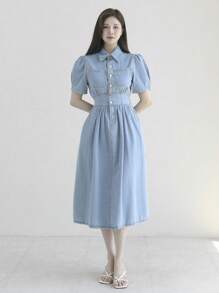 DAZY Women's Light Washed Denim Turndown Collar Waist Cinched Long Shirt Dress - Light Wash - View 5
