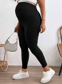SHEIN Plus Size Women's Solid Color Adjustable Waist Maternity Leggings - Black - View 6