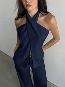 Aloruh Women's Solid Color Criss-Cross Design Fashion Halter Neck Camisole For Commuting