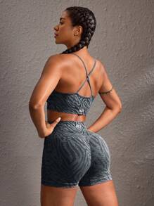 Powerista 女士简约时尚运动文胸和短裤套装，休闲日常健身女士套装 - 黑色 - 查看 3