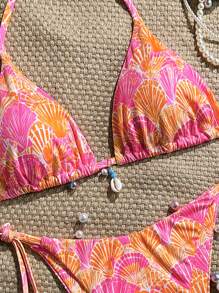 Swim Mod 2pcs Beach Summer Outfits For Women: Random Shell Print Textured Cami Top And Side Tie Swim Shorts Bohemian Bikini Set - Multicolor - View 5