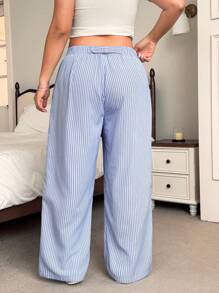 SHEIN EZwear Quần ống đứng cạp giữa không đối xứng có dây rút cỡ lớn, mùa thu/đông - Xanh và trắng - Xem 2