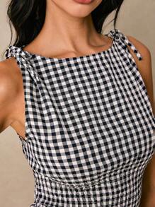 Poéselle Vestido mini de mujer con cuello redondo, sin mangas y cintura ajustada a cuadros