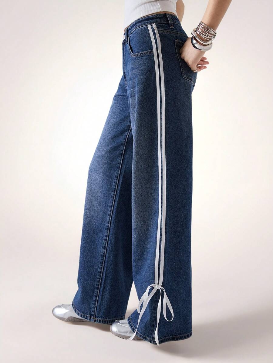 LYSMO Cowboy For Women Summer Blue Woven Side Stripe Pocket Straight Leg Jeans - Blue - View 1