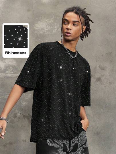 Street Life T-shirt casual polyvalent à col rond à manches courtes orné de strass pour homme, rave