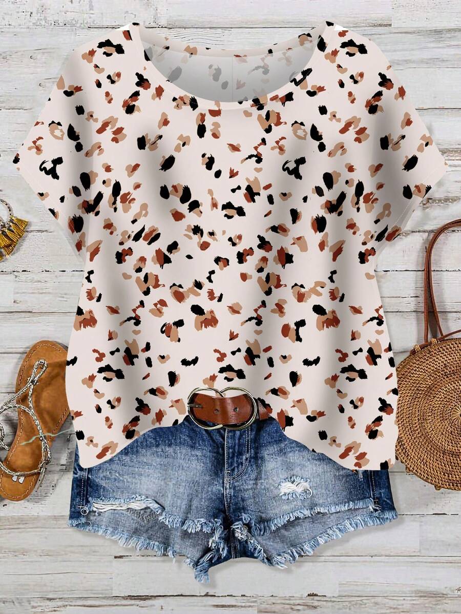 EMERY ROSE Casual Ditsy Floral Block Pattern Plus Size Shirt, Versatile For Daily Wear, Suitable For Summer - Multicolor - View 1