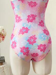 SHEIN MOD One-Piece Swimsuit With Shoulder Strap, Ruched Front, Waist Cinched, Floral Print, Perfect For Vacation, Beach, SPA,Beach  ,Boho,Romantic ,Tropical  ,Vacation ,Floral,Pink Beach One-Piece Swimsuit, Cute, Kawaii