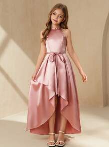 SHEIN Tween Girls Solid Color Asymmetric Hem Knotted Waist Elegant Party Dress