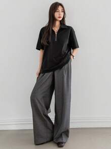 Dazy-Less Women's Casual Business Partial Button-Front Polo Collar Loose Short Sleeve T-Shirt Old Money Style,Business Casual Women,Teacher Outfits - Black - View 2