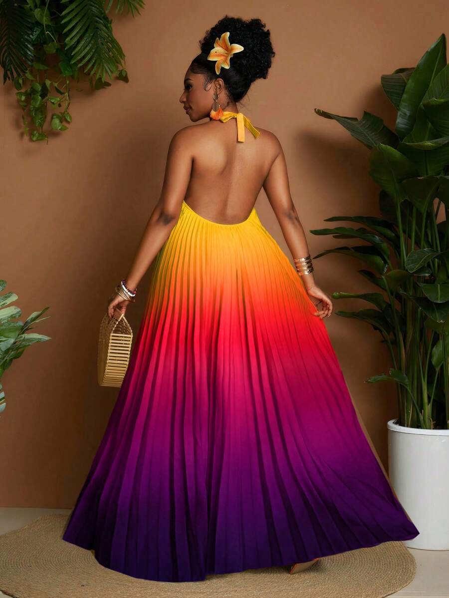 Maweii 大码女式性感渐变色印花露背百褶装饰百搭时尚春夏新款连衣裙 - 彩色 - 查看 1