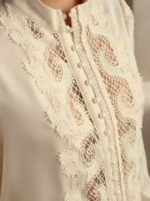 Anewsta French Elegant Lace Floral Patchwork Long Sleeve Modest Blouse, Spring For Women - Beige - View 7