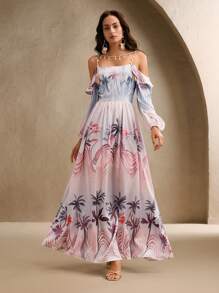 Anewsta Robe décontractée d'été de vacances printanières/estivales imprimée de palmiers, sans dos - Camel - Voir 4