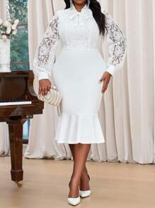 SHEIN Lady 白色领口吊带蕾丝连衣裙修身鱼尾优雅长袖大码连衣裙情人节新年 - 白色 - 查看 7