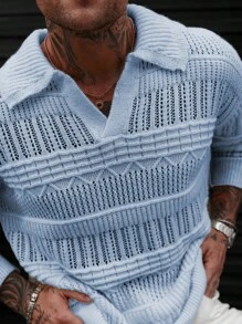Manfinity Homme Men's Solid Color Drop Shoulder Long Sleeve Hollow Out Casual Sweater - Blue - View 6