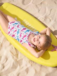 Shark Week X SHEIN Young Girl Shark Print Ruffled One-Piece Swimsuit, Suitable For Summer - Multicolor - View 4