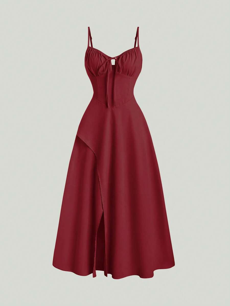 SHEIN Unity 纯色高开叉休闲度假细肩带中长连衣裙女装 - 紅色 - 查看 1