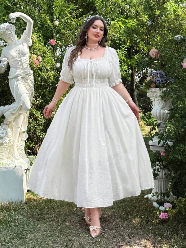 Lyrianda Plus Size Women's Summer Vacation Off-Shoulder Puff Sleeve White Cotton Dress